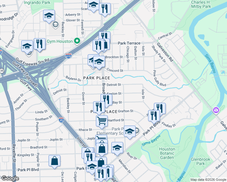 map of restaurants, bars, coffee shops, grocery stores, and more near 8118 Detroit Street in Houston