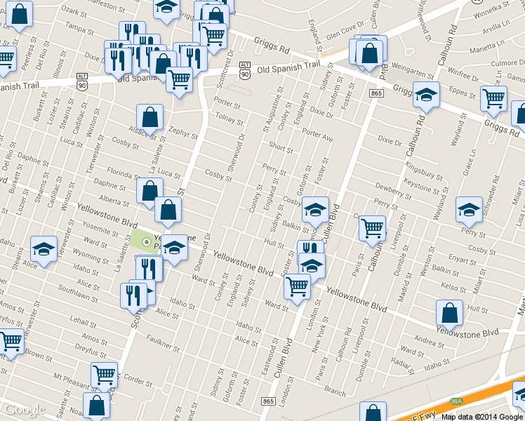 map of restaurants, bars, coffee shops, grocery stores, and more near 6420 Conley Street in Houston