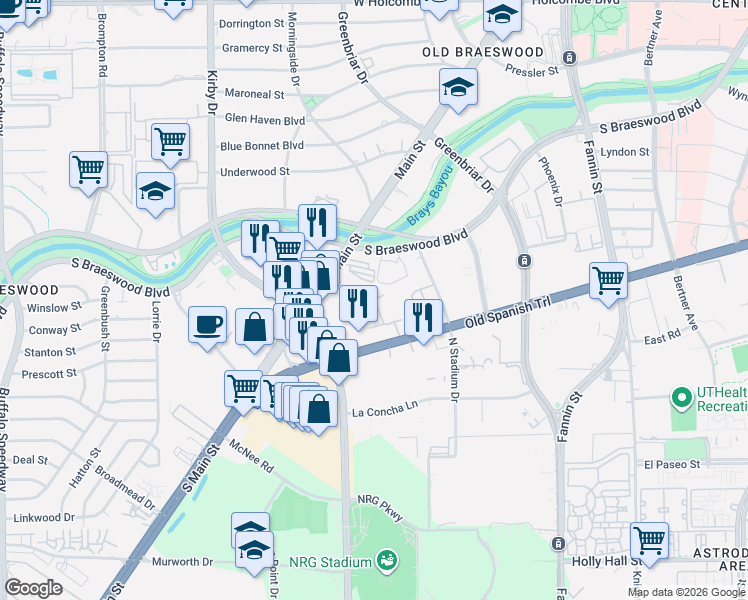 map of restaurants, bars, coffee shops, grocery stores, and more near 2255 Braeswood Park Drive in Houston