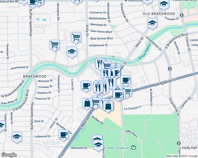 map of restaurants, bars, coffee shops, grocery stores, and more near 2471 South Braeswood Boulevard in Houston