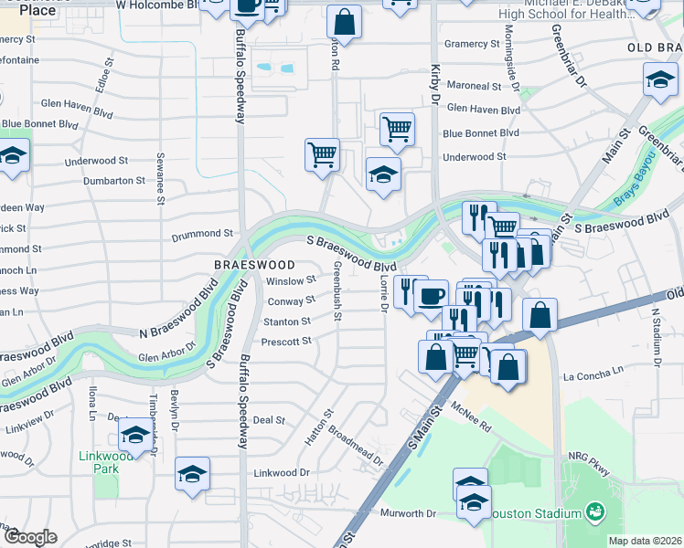 map of restaurants, bars, coffee shops, grocery stores, and more near 2931 South Braeswood Boulevard in Houston