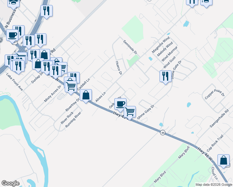 map of restaurants, bars, coffee shops, grocery stores, and more near 957 Floating Star in New Braunfels