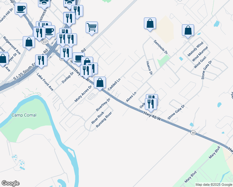 map of restaurants, bars, coffee shops, grocery stores, and more near 140 Caddell Lane in New Braunfels