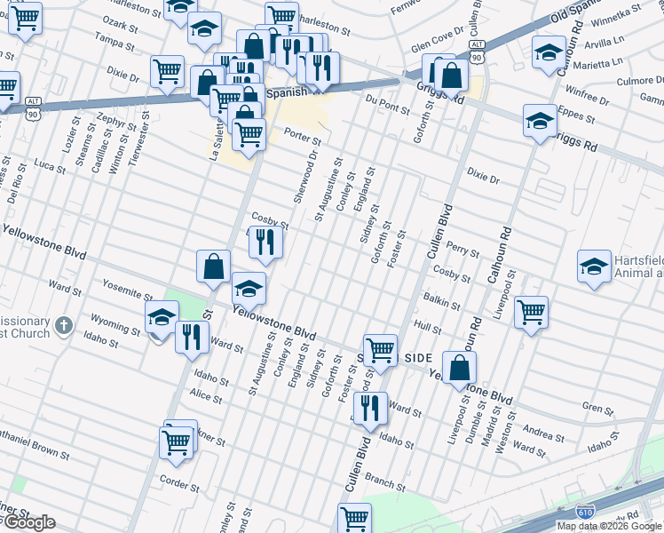 map of restaurants, bars, coffee shops, grocery stores, and more near 6420 Conley Street in Houston