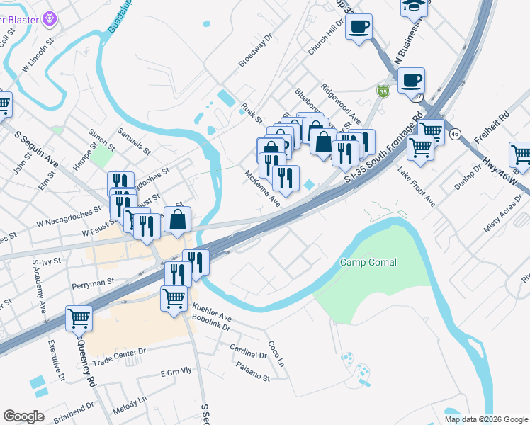 map of restaurants, bars, coffee shops, grocery stores, and more near 475 Interstate 35 Business Loop in New Braunfels