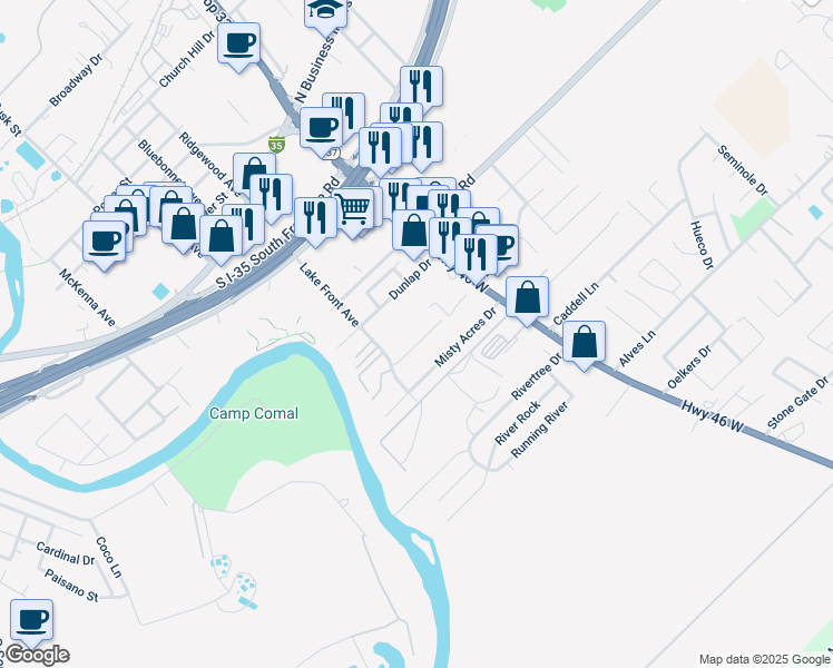 map of restaurants, bars, coffee shops, grocery stores, and more near 1055 Carolyn Cove in New Braunfels