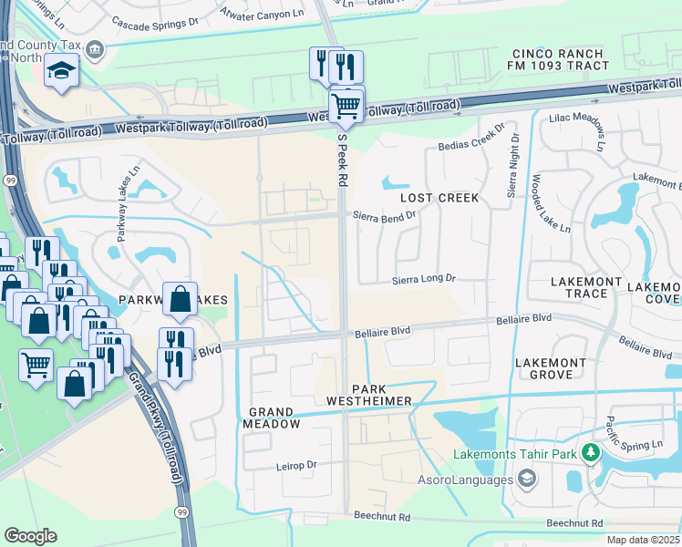 map of restaurants, bars, coffee shops, grocery stores, and more near South Peek Road in Richmond