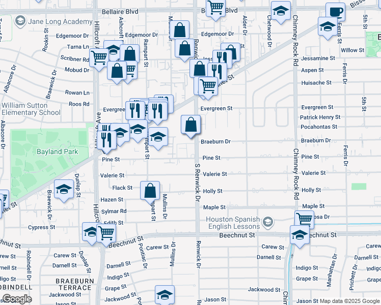 map of restaurants, bars, coffee shops, grocery stores, and more near 7714 Renwick Drive in Houston