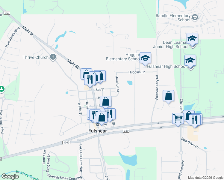 map of restaurants, bars, coffee shops, grocery stores, and more near 8103 Syms Street in Fulshear