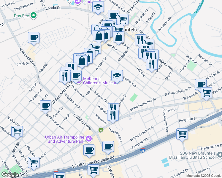 map of restaurants, bars, coffee shops, grocery stores, and more near 673 West Coll Street in New Braunfels