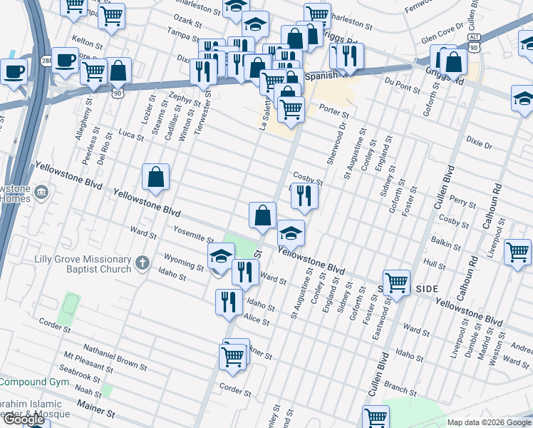 map of restaurants, bars, coffee shops, grocery stores, and more near 3839 Daphne Street in Houston