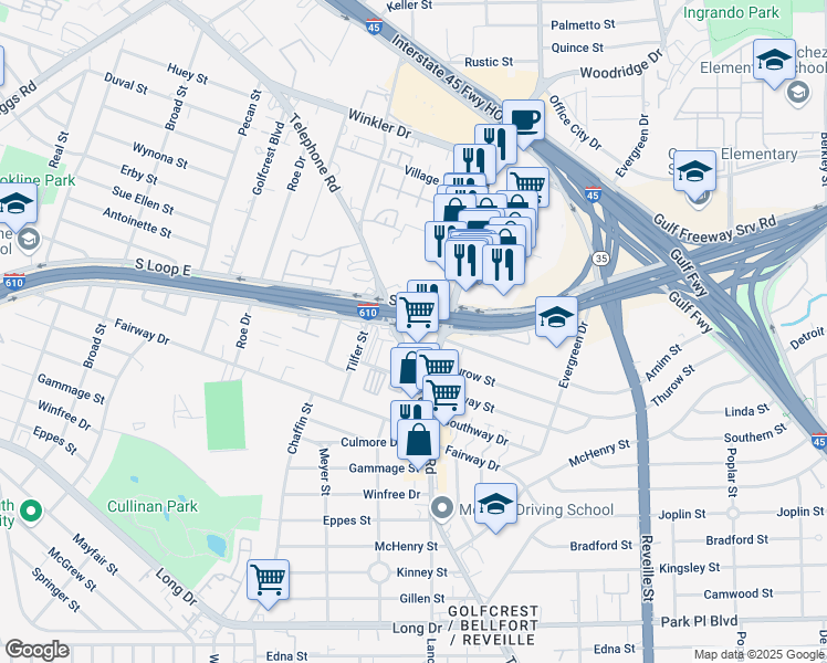 map of restaurants, bars, coffee shops, grocery stores, and more near 7202 South Loop East in Houston