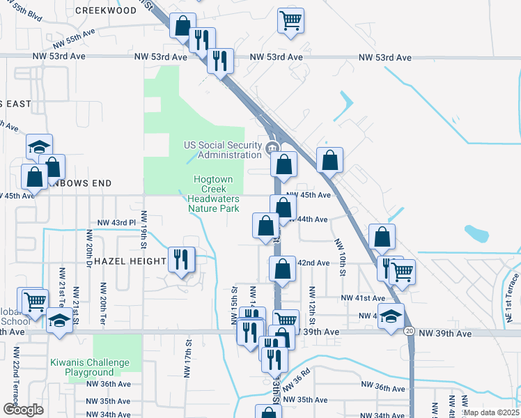 map of restaurants, bars, coffee shops, grocery stores, and more near 4434 Northwest 13th Street in Gainesville