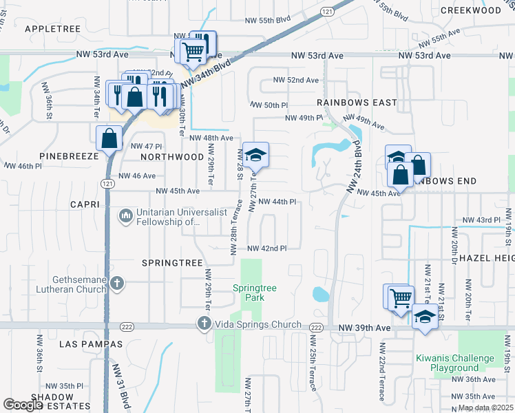 map of restaurants, bars, coffee shops, grocery stores, and more near 4426 Northwest 27th Terrace in Gainesville