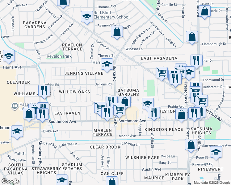 map of restaurants, bars, coffee shops, grocery stores, and more near 1007 Burke Road in Pasadena