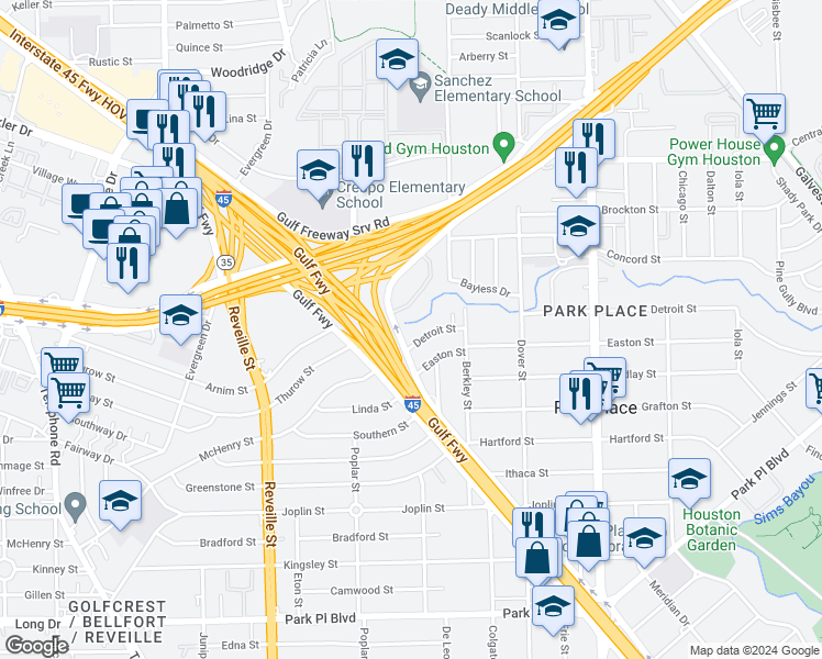 map of restaurants, bars, coffee shops, grocery stores, and more near 7817 Detroit Street in Houston