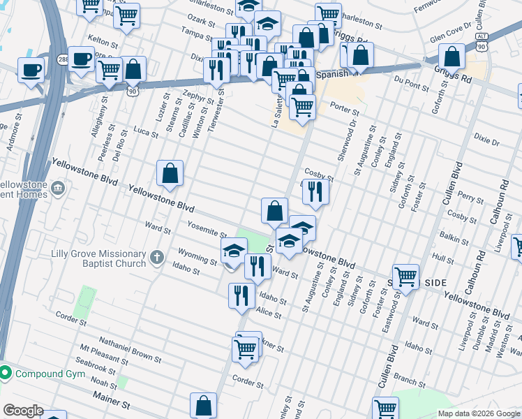map of restaurants, bars, coffee shops, grocery stores, and more near 3810 Daphne Street in Houston
