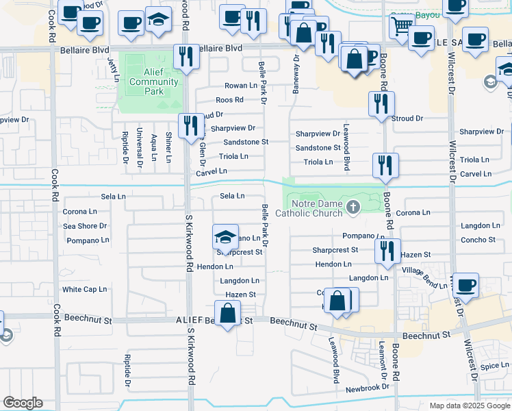 map of restaurants, bars, coffee shops, grocery stores, and more near 11603 Sela Lane in Houston