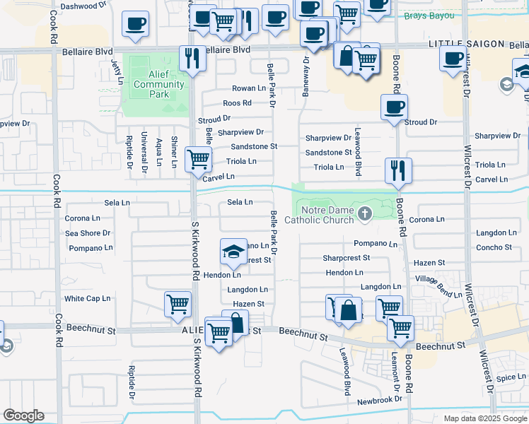 map of restaurants, bars, coffee shops, grocery stores, and more near 11603 Sela Lane in Houston