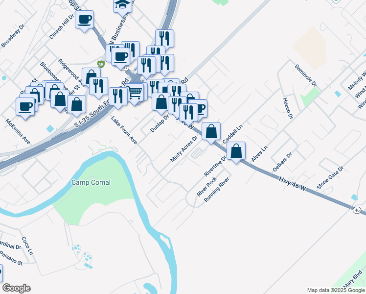 map of restaurants, bars, coffee shops, grocery stores, and more near 1131 Misty Acres Drive in New Braunfels