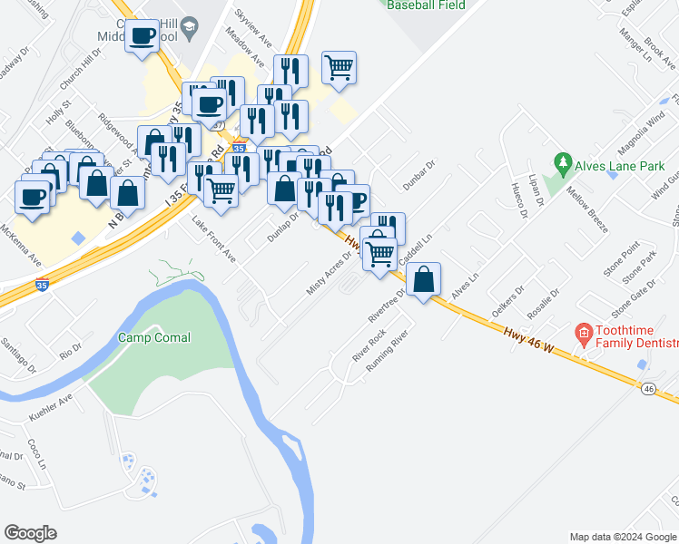 map of restaurants, bars, coffee shops, grocery stores, and more near 1146 Misty Acres Drive in New Braunfels