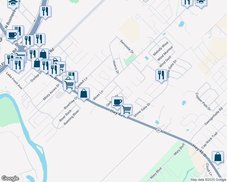 map of restaurants, bars, coffee shops, grocery stores, and more near 228A Anne Louise Drive in New Braunfels