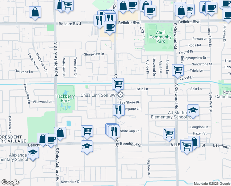 map of restaurants, bars, coffee shops, grocery stores, and more near 7600 Cook Road in Houston