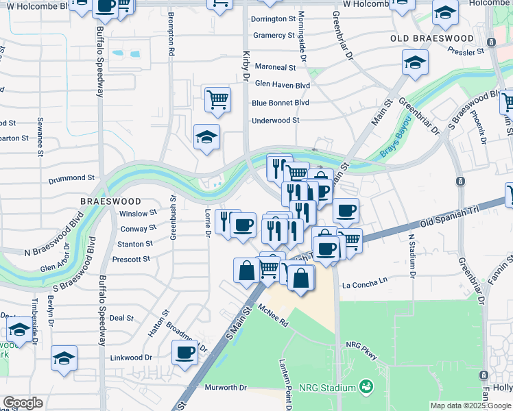 map of restaurants, bars, coffee shops, grocery stores, and more near 2555 South Braeswood Boulevard in Houston
