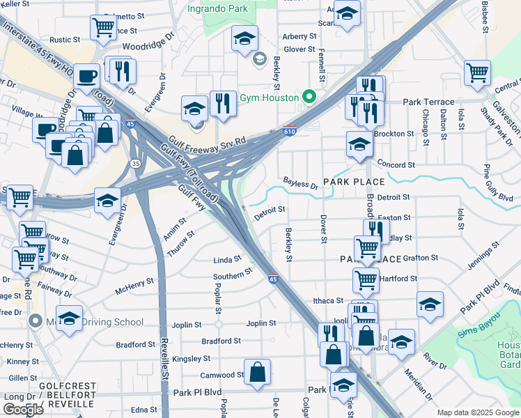 map of restaurants, bars, coffee shops, grocery stores, and more near 7817 Detroit Street in Houston