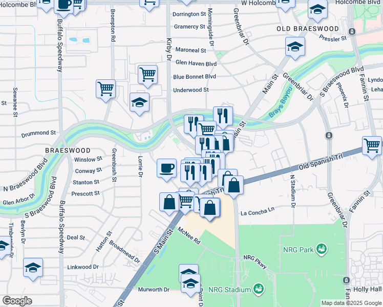 map of restaurants, bars, coffee shops, grocery stores, and more near 7600 Kirby Drive in Houston