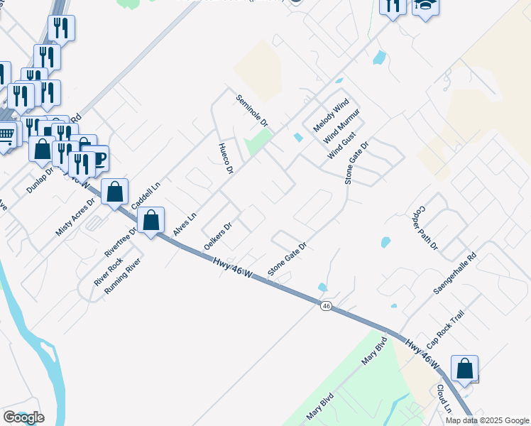 map of restaurants, bars, coffee shops, grocery stores, and more near 294 Rosalie Drive in New Braunfels