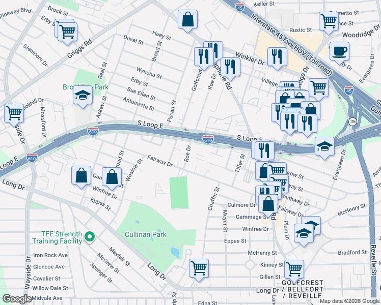 map of restaurants, bars, coffee shops, grocery stores, and more near 3155 Roe Drive in Houston