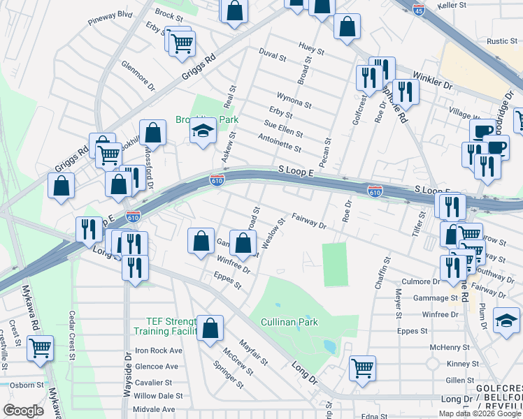 map of restaurants, bars, coffee shops, grocery stores, and more near 6424 Fairway Drive in Houston