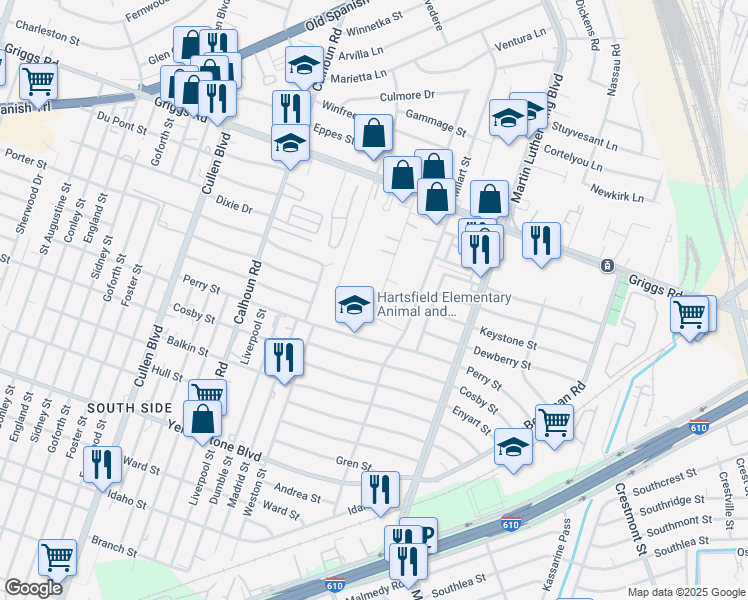 map of restaurants, bars, coffee shops, grocery stores, and more near 6020 Schroeder Road in Houston