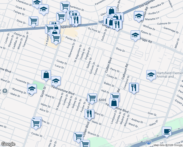 map of restaurants, bars, coffee shops, grocery stores, and more near 6327 Goforth Street in Houston