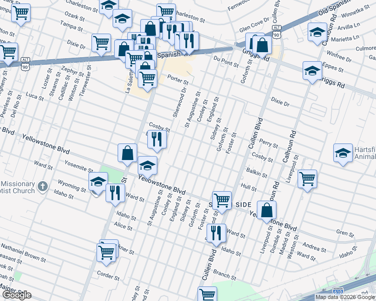 map of restaurants, bars, coffee shops, grocery stores, and more near 6420 Conley Street in Houston
