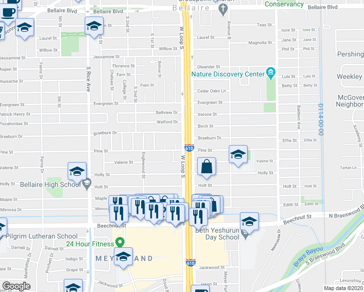 map of restaurants, bars, coffee shops, grocery stores, and more near 904 Lennette Court in Bellaire