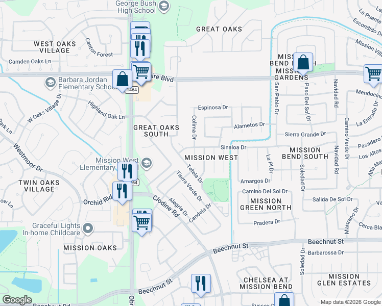 map of restaurants, bars, coffee shops, grocery stores, and more near 16815 Sinaloa Drive in Houston
