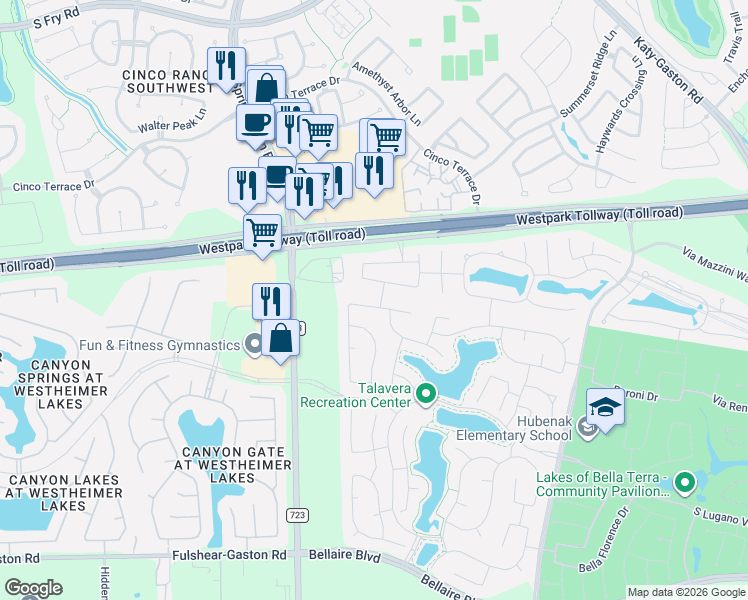 map of restaurants, bars, coffee shops, grocery stores, and more near 24958 Jessamine Meadow Trail in Richmond