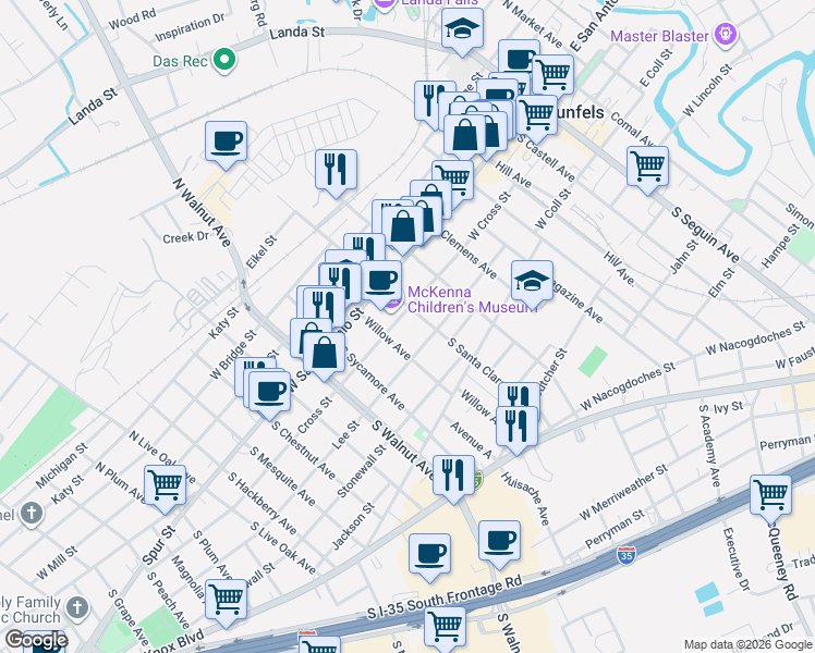 map of restaurants, bars, coffee shops, grocery stores, and more near 835 Cross Street in New Braunfels