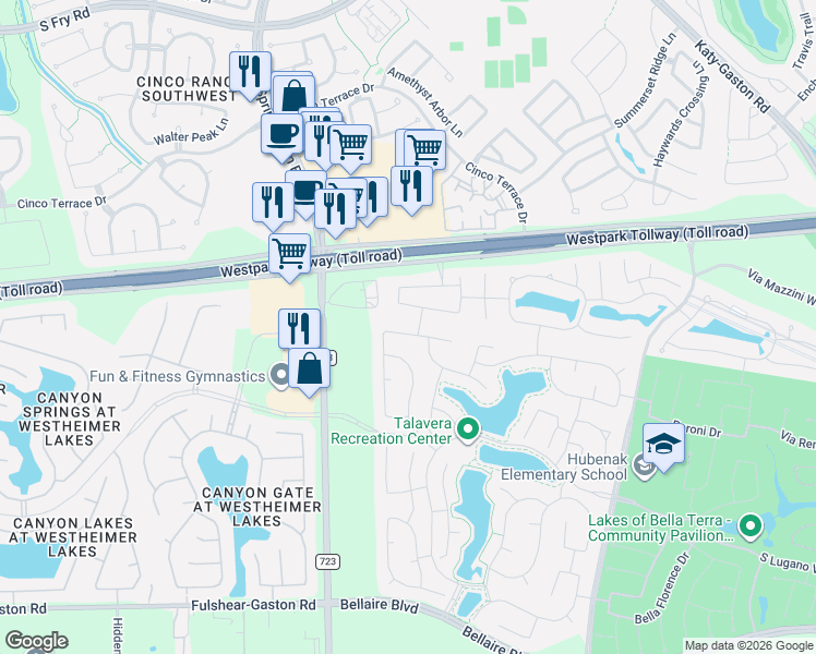 map of restaurants, bars, coffee shops, grocery stores, and more near 24958 Jessamine Meadow Trail in Richmond