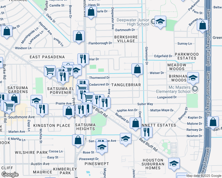 map of restaurants, bars, coffee shops, grocery stores, and more near 3201 Tanglebriar Drive in Pasadena