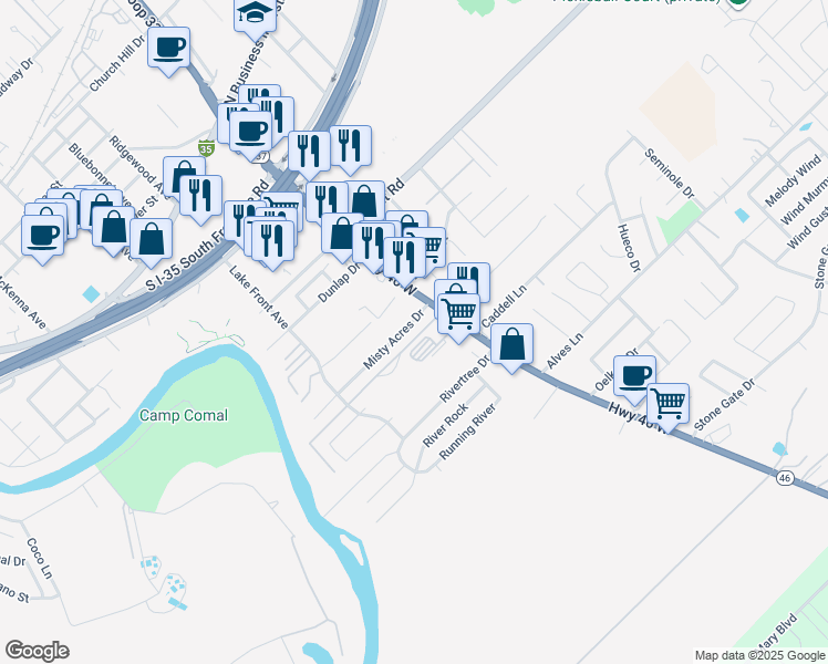 map of restaurants, bars, coffee shops, grocery stores, and more near 1149 Misty Acres Drive in New Braunfels