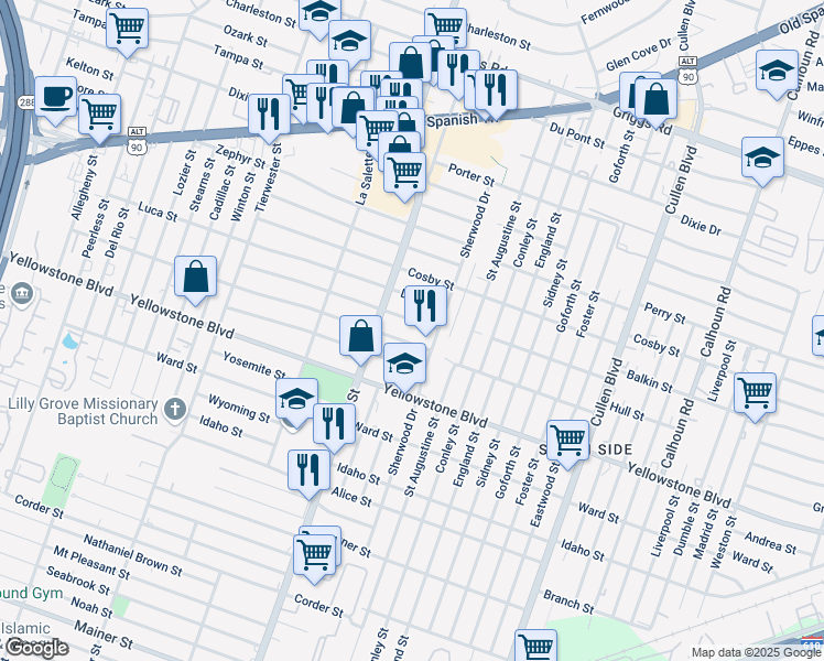 map of restaurants, bars, coffee shops, grocery stores, and more near 3928 Florinda Street in Houston