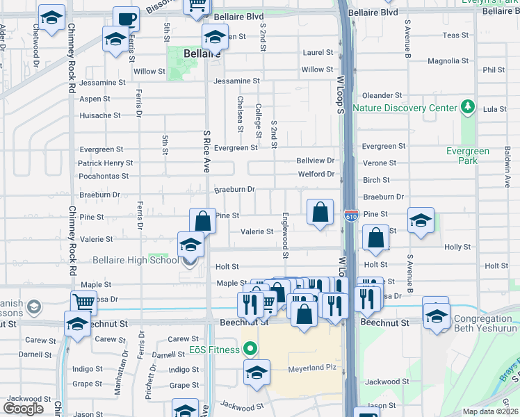 map of restaurants, bars, coffee shops, grocery stores, and more near 109 Cherrywood Street in Bellaire