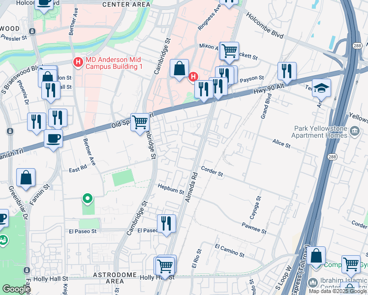 map of restaurants, bars, coffee shops, grocery stores, and more near 7200 Almeda Road in Houston