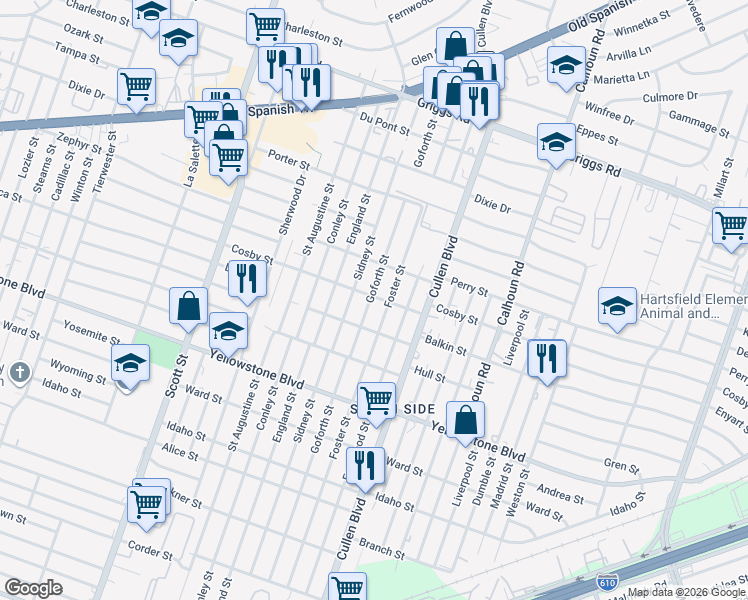 map of restaurants, bars, coffee shops, grocery stores, and more near 6327 Goforth Street in Houston