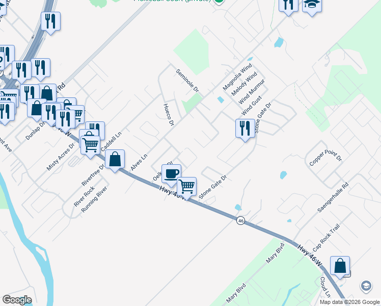 map of restaurants, bars, coffee shops, grocery stores, and more near 327 Rosalie Drive in New Braunfels