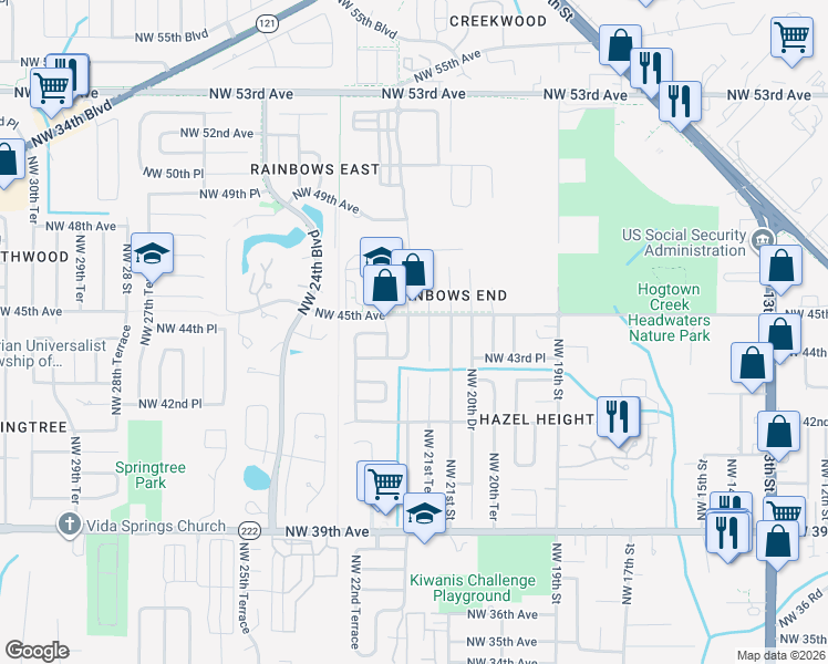 map of restaurants, bars, coffee shops, grocery stores, and more near 4405 Northwest 21st Drive in Gainesville