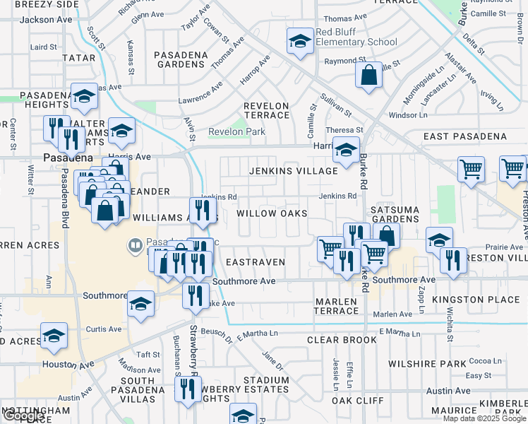 map of restaurants, bars, coffee shops, grocery stores, and more near 1031 Willow Oaks Circle in Pasadena